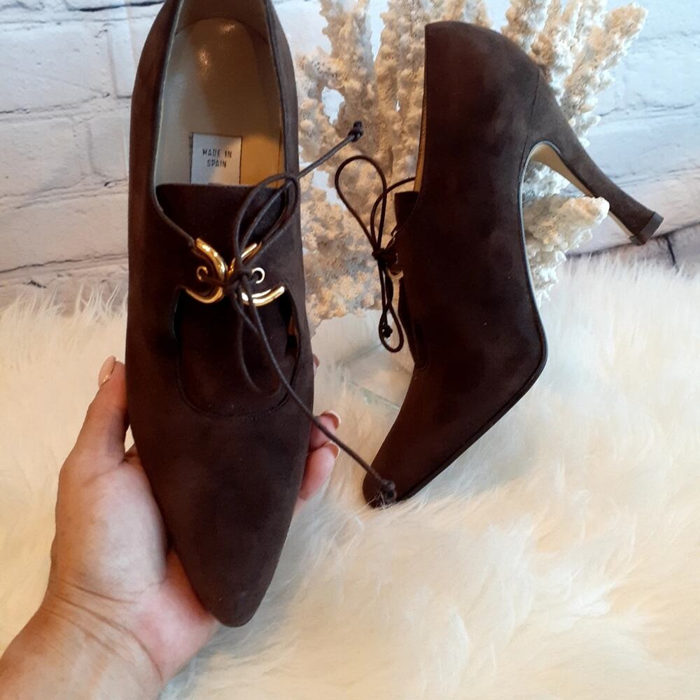 VINTAGE PROXY Chocolate Brown Suede Lace Up Oxford Heels Pointed Toe Booties 6